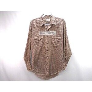Vintage 70s Wrangler Western Shirt Mens 15.5 M Brown Gingham Pearl Snap Made USA